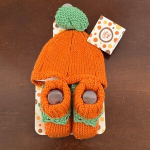 Orange and Green Knit Baby Hat and Booties Set